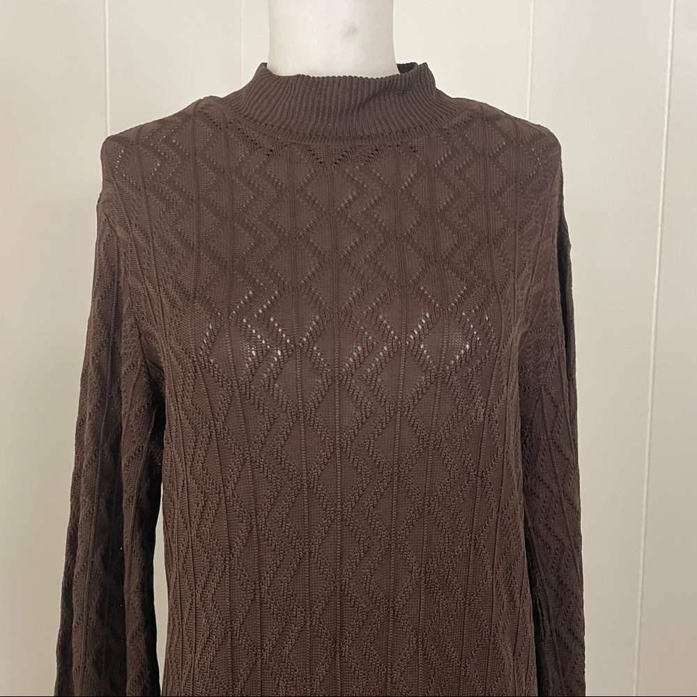 Vintage Knit Dress Women’s L Brown Semi Sheer Mock Neck‎ Long Sleeve Midi - Picture 2 of 6